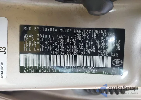 2013 Toyota Corolla Le z USA, uszkodzony, nr VIN 2T1BU4EE5DC012617